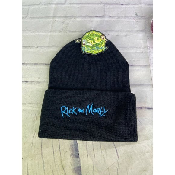 Rick and Morty Embroidered Logo Licensed Knit Cuff Beanie Hat Cap Adult Black - Picture 1 of 5
